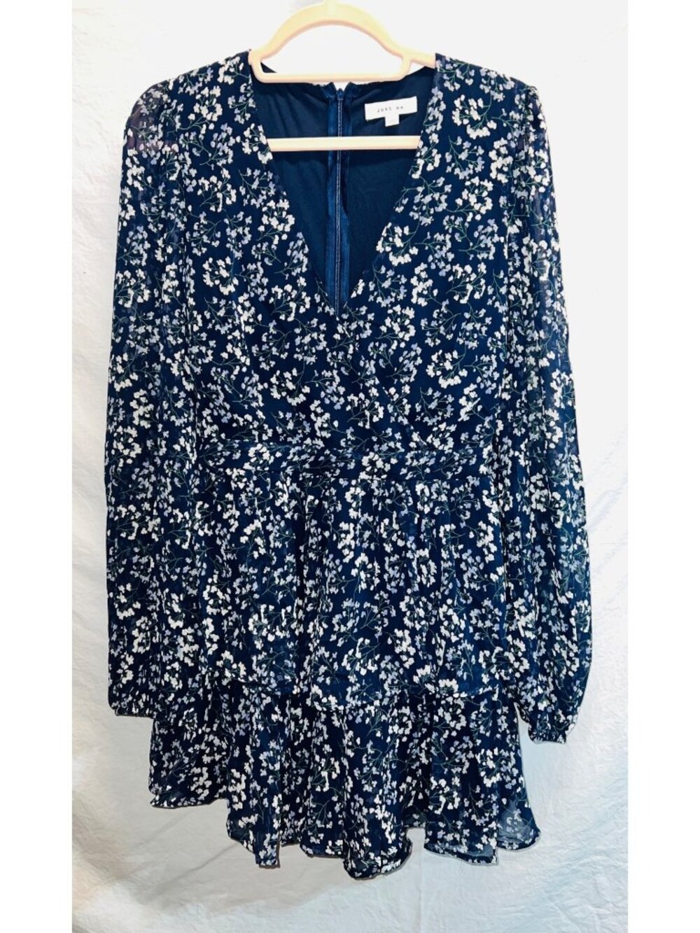 Just Me Floral Long-Sleeve Elastic Cuff Navy Mini Dress V-Neck Size Large